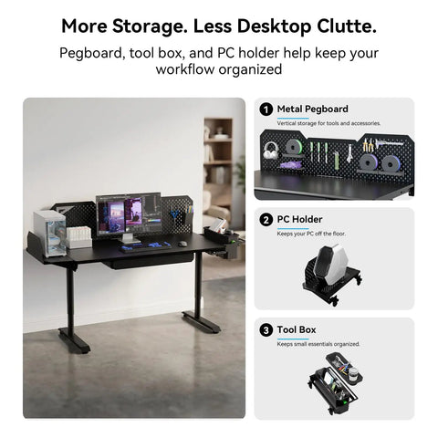 Modular Electric Standing Desk Featuring Expandable L Shaped Layout For Makers And Tech Crews with pegboard and PC holder.