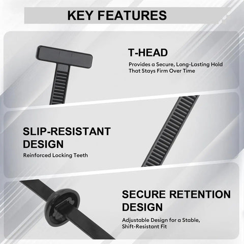 150 Pack Heavy Duty Nylon T Style Cable Tie Buckle Push Pin Retainer Clips Self Locking Automotive Plastic Rivets features