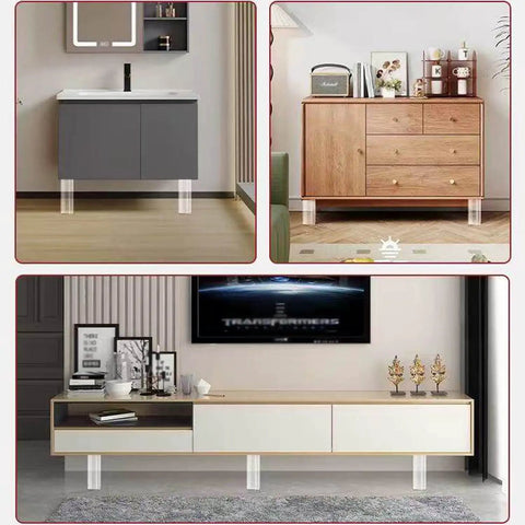 Adjustable Acrylic Furniture Legs 4 Piece Set With Screws under vanity, sideboard, and TV stand showing elegant enhancement