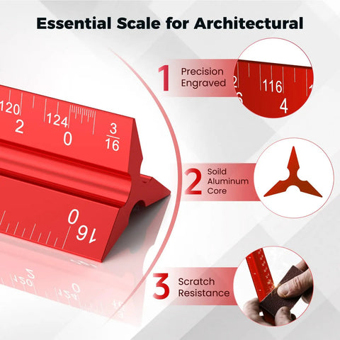 Close-up of Tough As Nails 12 Inch Triangular Architectural Scale Ruler Made From Heavy Duty Aluminum, precision engraved and scratch-resistant.