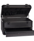 Heavy Duty Tool Box With Drawers Hard Case Organizer, black cabinet with open drawer and lid, showing inner storage compartments.
