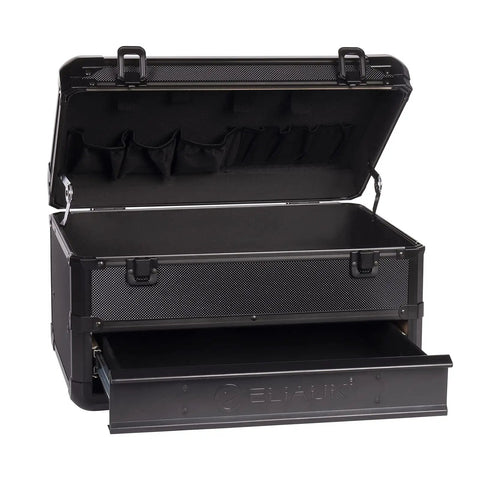 Heavy Duty Tool Box With Drawers Hard Case Organizer, black cabinet with open drawer and lid, showing inner storage compartments.
