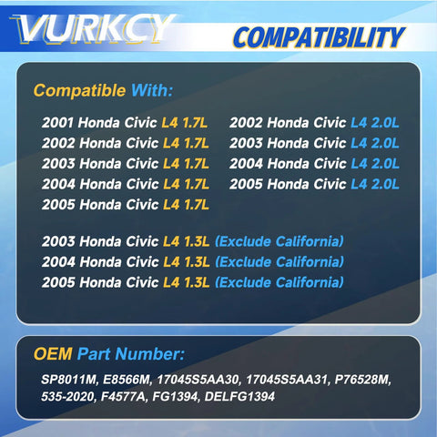 Compatibility chart for Fuel Pump Module Assembly With Sending Unit For Honda Civic 2001 2002 2003 2004 2005 L4 1.3L 1.7L 2.0L Direct Fit Replacement.