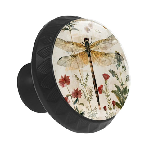 12 Pack Kitchen Cabinet Knobs With Black ABS Base And Crystal Glass Tops For Cabinets Drawers Dressers Doors Wardrobes Vintage Dragonflies Floral Herbs Design Featuring 35mm Top Diameter 17mm Base Diameter And One Inch Height With Easy Install