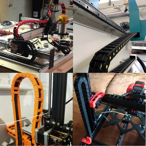 Two Pack Open Type Drag Chain Cable Carrier, 15x30mm Internal Size, in use on 3D printers and CNC machines with connectors and screws