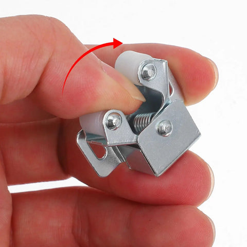 Close-up of Double Ball Catch Cabinet Door Latches Set with heavy duty iron hardware in hand, smooth push close roller.