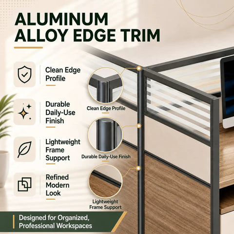 Aluminum alloy edge trim details highlighting durability and lightweight support for Game Changer Six Person Modular Office Workstation.