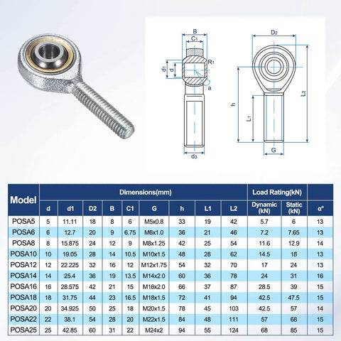 2-Pack POSA6 Rod End Bearings M6x1.0 Right Thread Self-Lubricating Female Thread Steel Joint With Jam Nuts For Forging Machines, Heavy-Duty CNC Equipment, Automotive Suspensions, Hydraulic Cylinders And General Motion Control, with dimensions chart