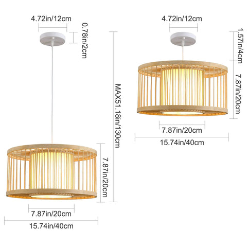 Boho Rattan Pendant Light 15.8 Inch Coastal Drum Hanging Fixture with dimensions and natural wicker shades.