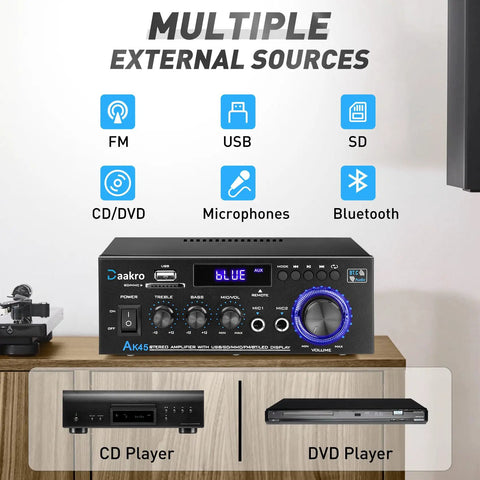 AK45 300W Dual Channel Bluetooth Stereo Power Amplifier for Home Theater with multiple external sources