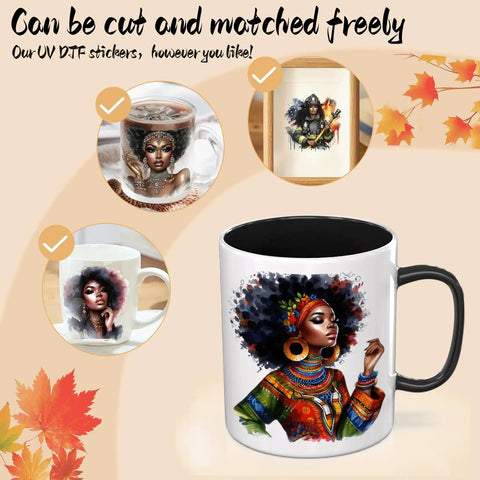 UV DTF Cup Wrap Set 24 Sheets For Mugs And Glasses Do It Yourself Transfer Paper High Viscosity With Vivid 3D Color Pop Look 6cm By 2.4 Inch Sized Ready To Press No Heat Press Required featuring vibrant art on white mug.