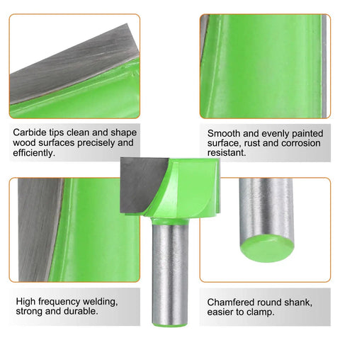 Close-up of Bottom Cleaning Router Bit With Half Inch Shank Carbide Tipped One And Three Eighths Inch Diameter Depth About Three Quarters Of An Inch For Spoilboard Surfacing And Slab Flattening Pro Grade CNC Woodworking Mortising Bit showing carbide tips and shank features.