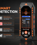 NOYAFA Stud Finder Wall Scanner showing control buttons and display for detection settings and sensitivity adjustment.