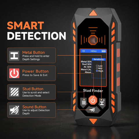 NOYAFA Stud Finder Wall Scanner showing control buttons and display for detection settings and sensitivity adjustment.