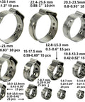 Assorted stainless steel hose clamps set (single-ear, stepless) for 5–33 mm hoses; front collage view.