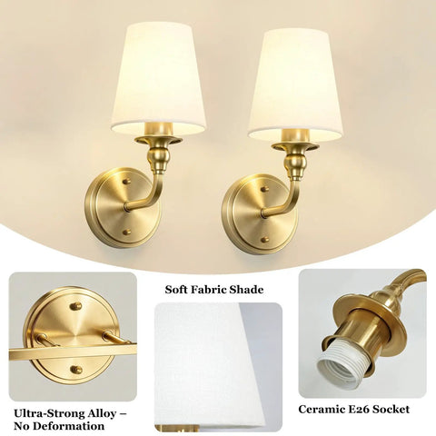 Onwecen Wall Sconces Set of 2, Modern Bathroom Light Fixtures, Brushed Gold with soft fabric shades and ceramic E26 socket.