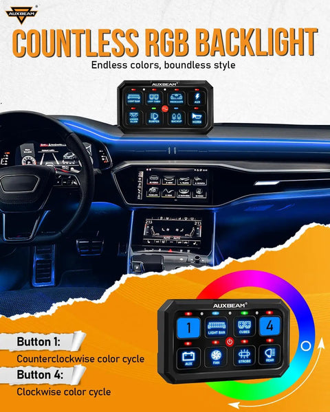 Beefed Up Eight Gang Switch Panel With RGB Backlight Momentary Pulsed Toggle in vehicle dashboard setup
