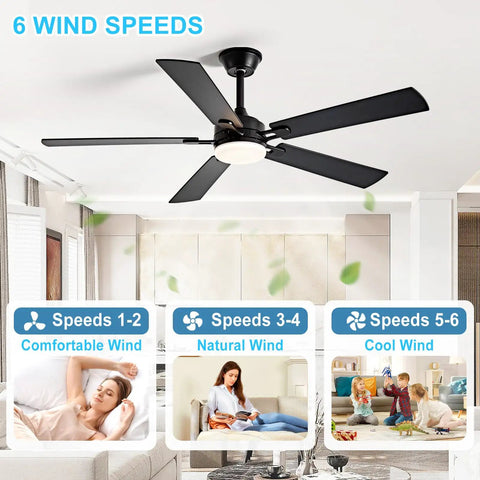 52 Inch Indoor Outdoor Ceiling Fan With Light And Remote Control, 6 Speeds, 3 CCT Dimmable, Quiet Operation, Dual Sided Black And Walnut Blades, Timed, Black Finish