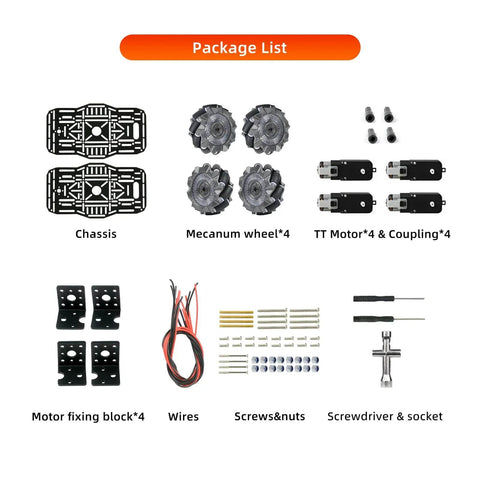 Package components of Omni Directional Mecanum Wheel Robot Chassis Kit With 4WD TT Motors Aluminum Alloy Double Layer Smart Car Platform