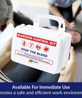 MFASCO 10-piece Stop the Bleed kit, front view: white portable plastic case with red label and MFASCO logo