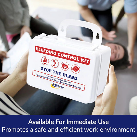MFASCO 10-piece Stop the Bleed kit, front view: white portable plastic case with red label and MFASCO logo