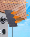 2W Solar Panel For Rechargeable Battery Security Cameras With Micro USB And USB C Ports 360 Degree Adjustable Mount Black attached to wall