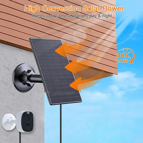 2W Solar Panel For Rechargeable Battery Security Cameras With Micro USB And USB C Ports 360 Degree Adjustable Mount Black attached to wall