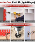 Handy Dual Function Shelf Pin And Hinge Jig 2 In 1 with 11 Hole Template shown being used for shelf and hinge installation.