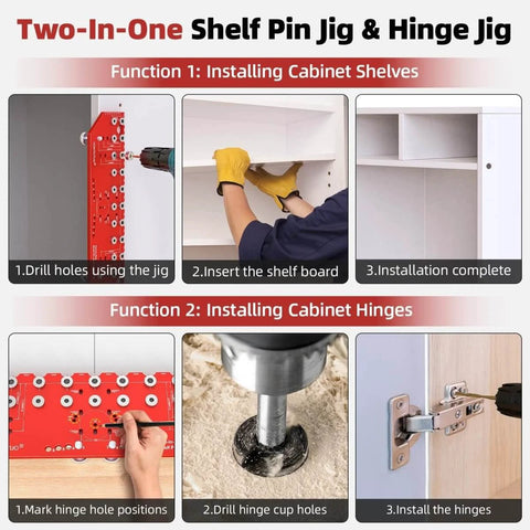 Handy Dual Function Shelf Pin And Hinge Jig 2 In 1 with 11 Hole Template shown being used for shelf and hinge installation.