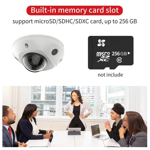4MP AcuSense Fixed Mini Dome Network Camera With Built In Mic 2.8mm Lens PoE IR Night Vision H265 IP67 Waterproof IK08 shown with memory card slot, business meeting