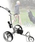 Electric Three Wheel Golf Trolley Featuring Hassle Free Remote Control And Compact Foldable Design on golf course with player.
