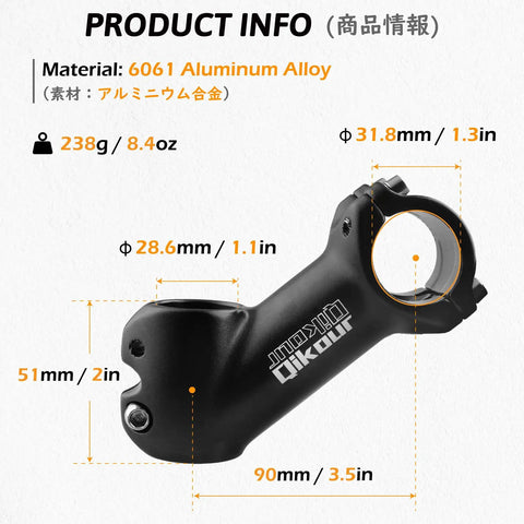 31.8mm Handlebar Stem 90mm 45 Degree Riser for Road Mountain BMX Bikes Fits 28.6mm Steerer CNC Machined 6061 Aluminum