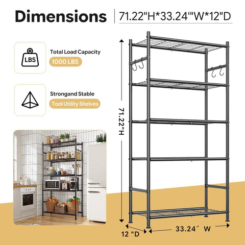Rock Solid 5 Tier Metal Storage Shelf Heavy Duty Vertical Shelving Unit With Hooks 33.5 Inch Wide Anti Rust Finish Holds 1000 Lbs Built Tough For Garage Closet And Bedroom Total Organization Game Changer