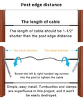 Diagram of a Black T316 Stainless Steel Cable Railing Kit With 20 Swage Lag Screws Left And Right Hand Thread For Wood Posts One Eighth Inch Cable Deck And Stair Railing DIY Baluster Kit Wrench Included, showcasing cable installation instructions.