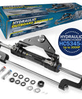 300HP Front Mount Hydraulic Outboard Steering Cylinder with Two Way Lock Valve and kit components displayed with packaging