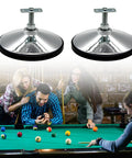 Adjustable Game Table Leveling Feet Set Of 4 With Threaded Posts And Securing Caps Custom Height For Each Corner Wide Stable Base Delivers Rock Solid Floor Grip For Uneven Floors During Play shown above a group playing pool.