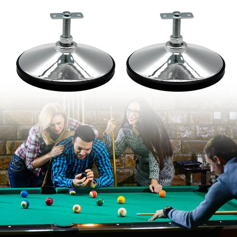 Adjustable Game Table Leveling Feet Set Of 4 With Threaded Posts And Securing Caps Custom Height For Each Corner Wide Stable Base Delivers Rock Solid Floor Grip For Uneven Floors During Play shown above a group playing pool.