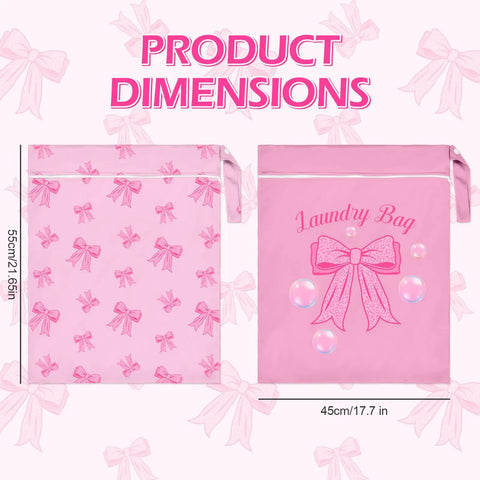 Large Waterproof Travel Laundry Bag Set with Pink Bow, 14.9 By 18.8 Inch Drawstring Pouches, illustrated dimensions shown