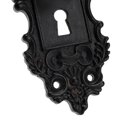 Close-up of black vintage keyhole plate with ornate design for Two Piece Vintage Cabinet Pull Drawer Knob Set With Clear Resin Knob