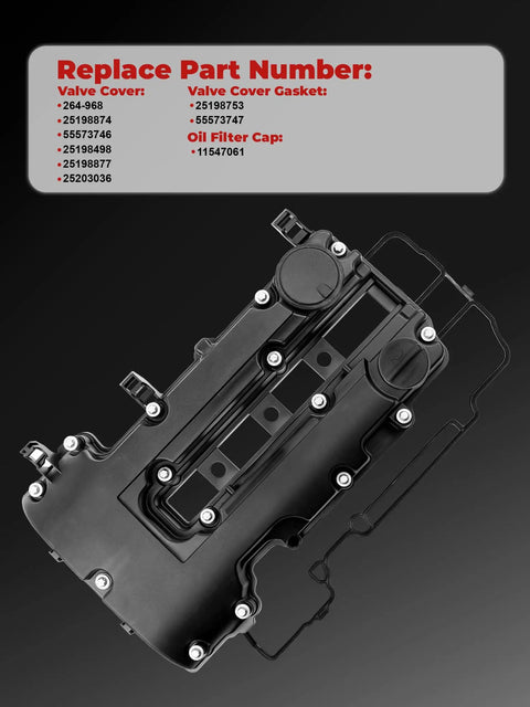 Engine Valve Cover For L4 1.4L 2013 2021 Encore 2011 2015 Cruze 2012 2020 Sonic 2015 2021 Trax 2011 2015 Volt With Oil Filler Cap Gasket And Bolts OEM Style 264968 Replacement, top view