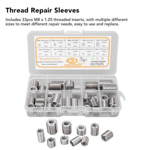 DIY Friendly Pro Grade Threaded Insert Kit With 33 Pieces M8x1.25 stainless steel in open case