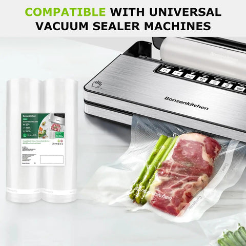 Vacuum Sealer Bags 11 Inch By 50 Foot Rolls 2 Pack For Food Storage BPA Free Commercial Grade Textured Roll Bags Ideal For Sous Vide Cooking Keeps Food Fresh Longer And Preserves Flavor shown with vacuum sealer and sealed food