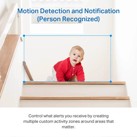 Baby crawling on staircase detected by 2K Indoor Pan Tilt Security Cam For Baby And Pet Monitor With Motion Alerts Two Way Talk.