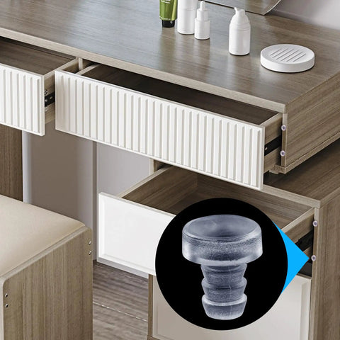 Rock Solid Glass Table Bumpers With Stem Mount, 50 Pack Anti Slip Furniture Pads, close-up of silicone bumper in drawer.