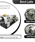 Lgxenzhuo Rc-210e Precision Metal Lathe With Dual Dual Chucks And Taper Mt5 Mt2. 8 X 32 Inch Benchtop Mini Metalworking Lathe 1100 Watt One Hundred Ten Volt High Speed Infinitely Variable Control For Hobbyist Machining Projects, showing right and left chucks and controls.