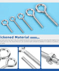 Heavy Duty Stainless Steel Eye Bolt And Nut Kit With Five Sizes Welded Closed Eye Screws For Indoor And Outdoor Hanging 116 Pieces With Nuts DIY Rigging And Ceiling Or Deck Hangers, five zinc-plated eye bolts and nut close-up