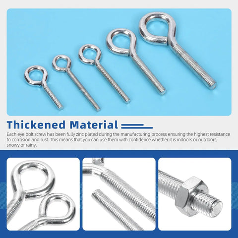 Heavy Duty Stainless Steel Eye Bolt And Nut Kit With Five Sizes Welded Closed Eye Screws For Indoor And Outdoor Hanging 116 Pieces With Nuts DIY Rigging And Ceiling Or Deck Hangers, five zinc-plated eye bolts and nut close-up