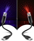 Two Pack USB Star Projector Night Light With Adjustable Romantic Settings For Car Interior Roof Lights And Home Use Portable LED Night Star Lamp shown in red and blue projections.