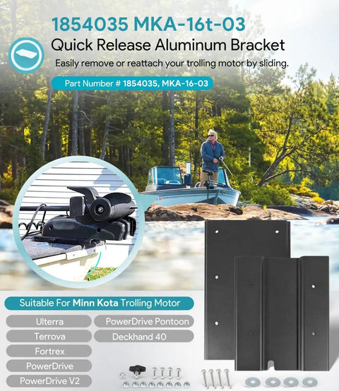 MKA 16 03 Quick Release Bracket Heavy Duty Replacement For Trolling Motors Compatible With Ulterra Terrova PowerDrive V2 Pontoon And Deckhand 40 Aluminum Black shown with accessories on a lake background