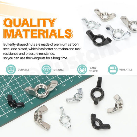 Top Notch 125PC Carbon Steel White Zinc Butterfly Wing Nuts Assortment Kit displayed on a cutting mat, showcasing various sizes.